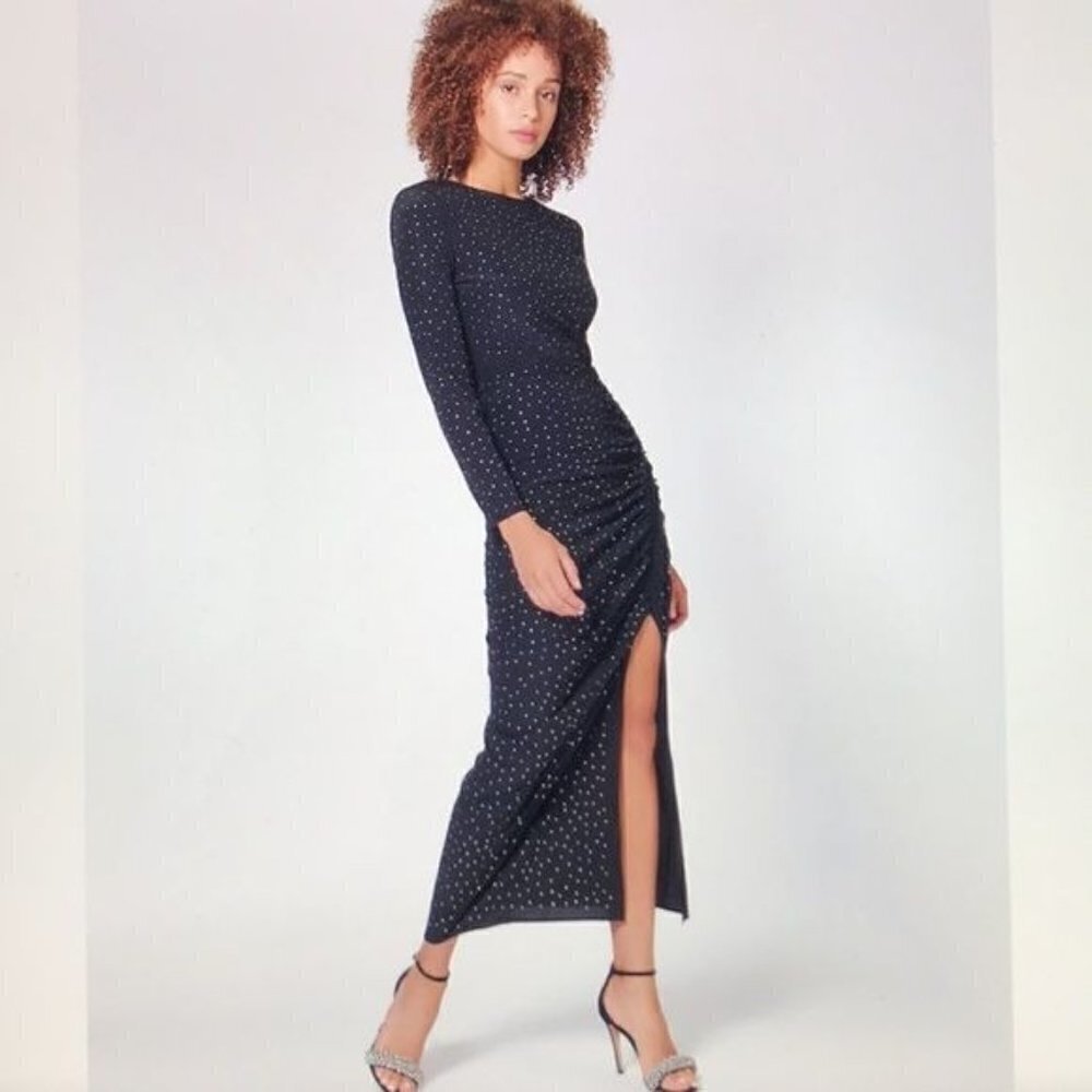 Veronica Beard Amara Ruched Silk Long-Sleeve Embellished Dress Black Size 2 - Picture 2 of 14